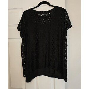 SVW Short Sleeve Black Eyelet Overlay Tunic Top W/Hi-Low Hem  Sz L Career Office